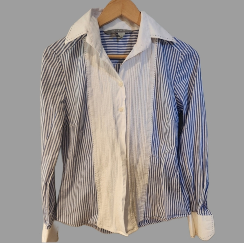 Zara Womens Medium Blue And White Striped Formal Collared 100% Cotton